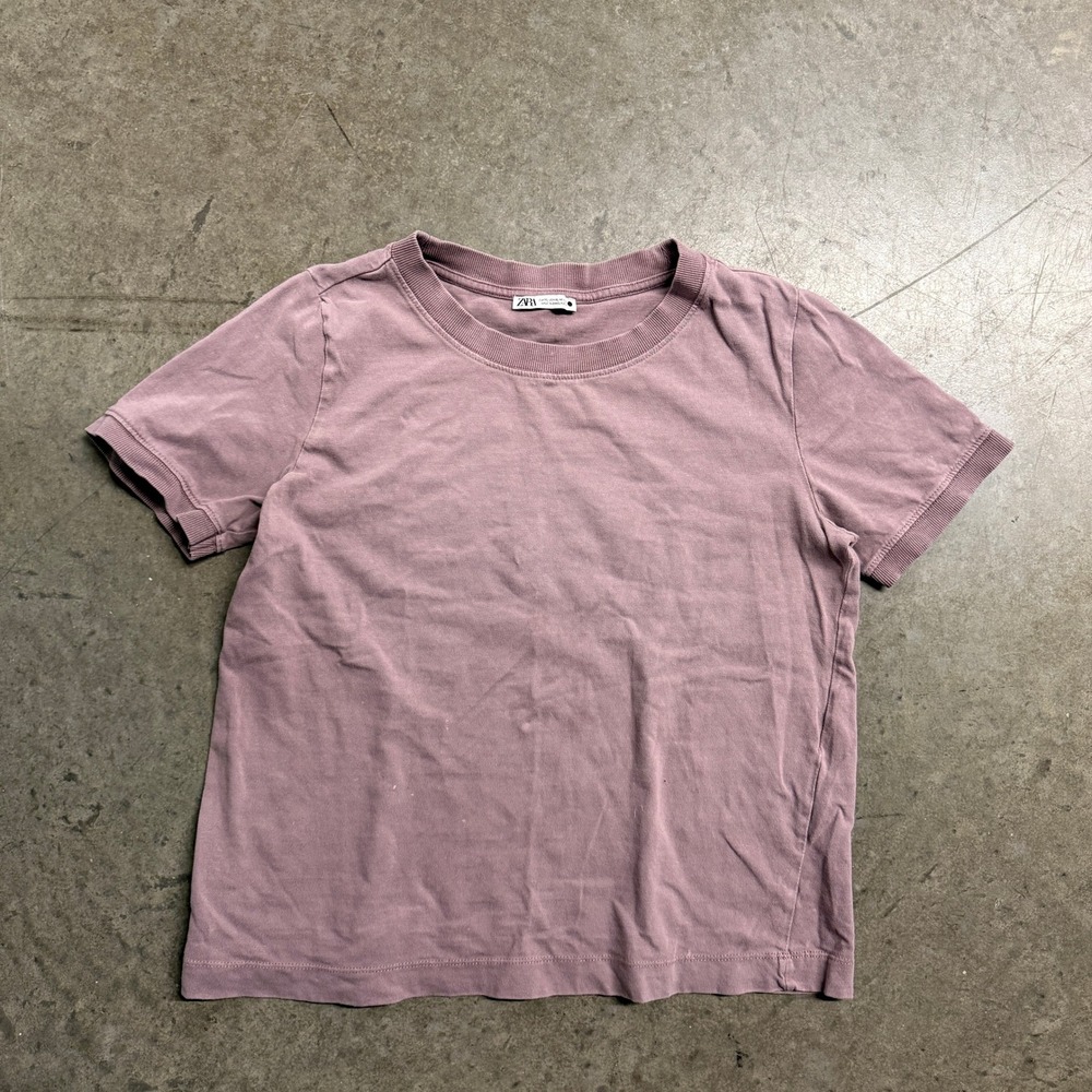 Zara Womens XL Mauve Purple Short Sleeve Ribbed Trim Crew Neck Basic T-Shirt